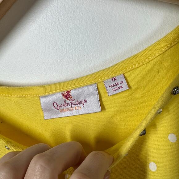 Quacker Factory Top Women 1X Yellow Polka Dot Tshirt Bling Short Sleeve Spring - Picture 7 of 8